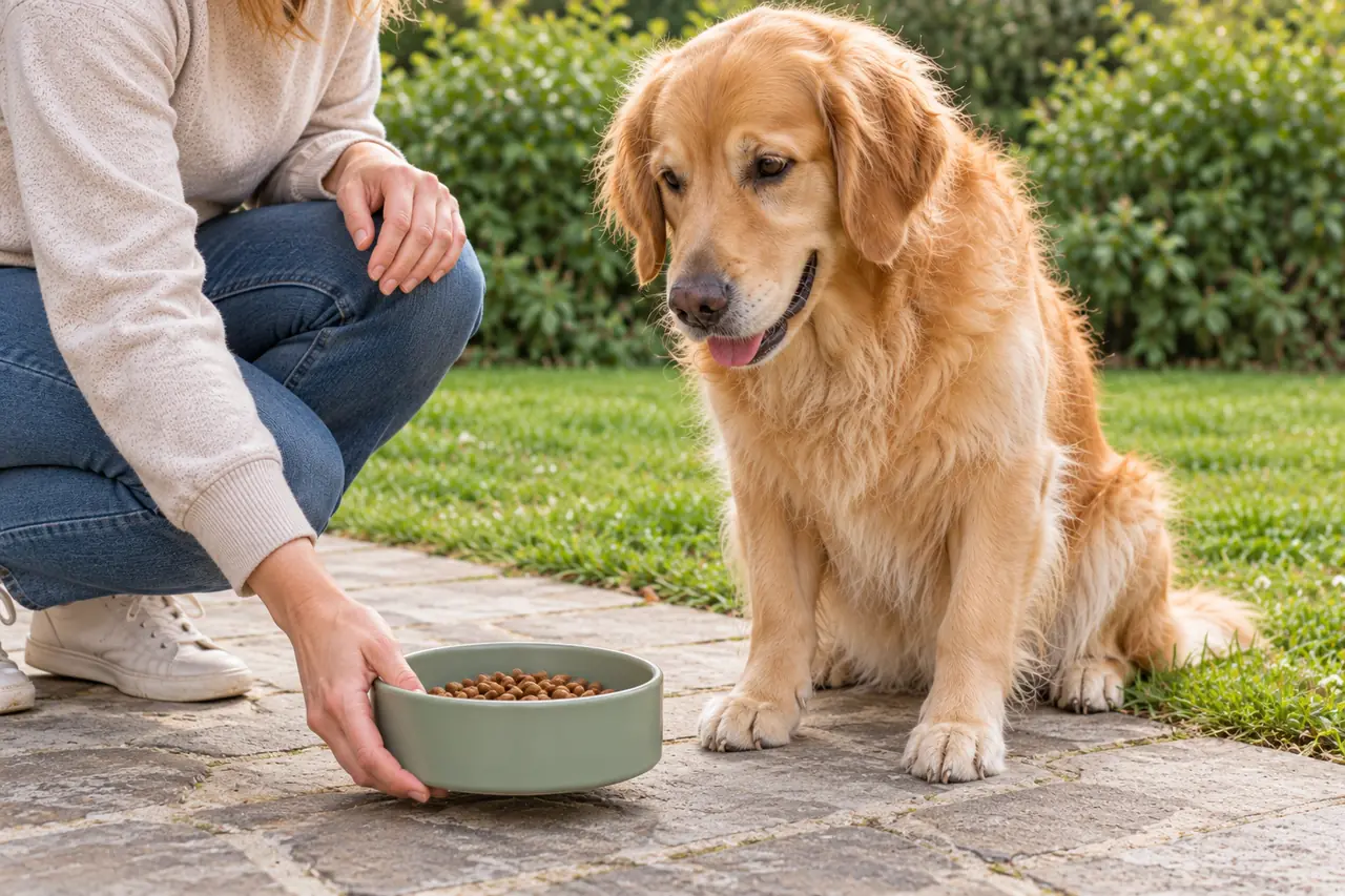 Golden Retriever wartet, während seine Halterin einen Futternapf abstellt