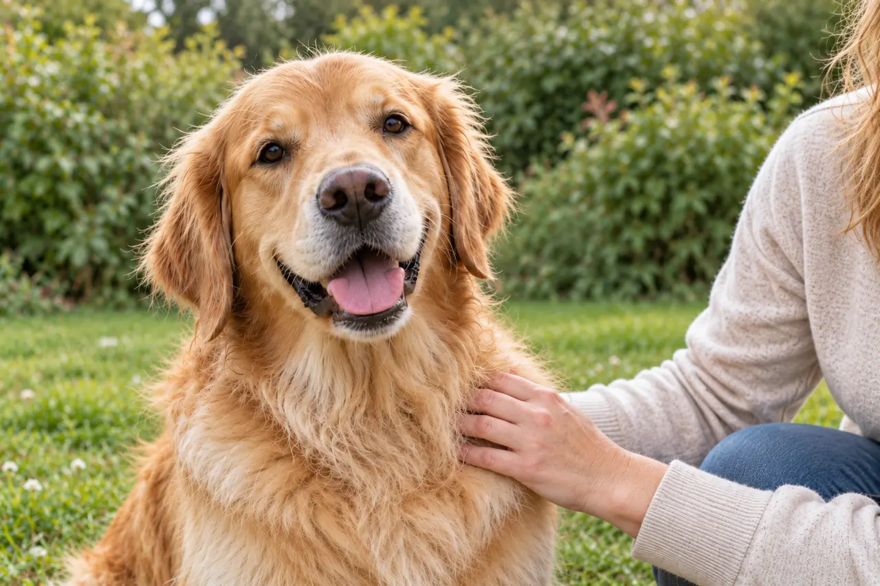 Golden Retriever im Garten, von seiner Halterin gestreichelt